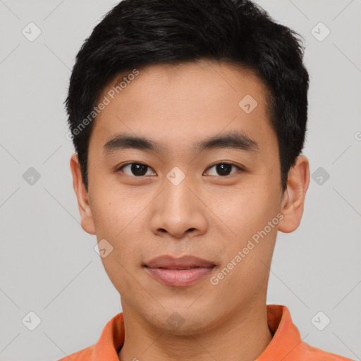 Neutral asian young-adult male with short  black hair and brown eyes