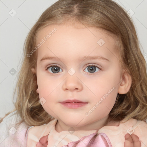 Neutral white child female with medium  brown hair and blue eyes