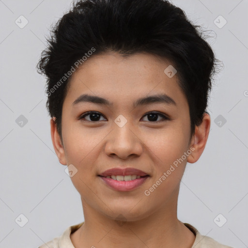 Joyful asian young-adult female with short  black hair and brown eyes