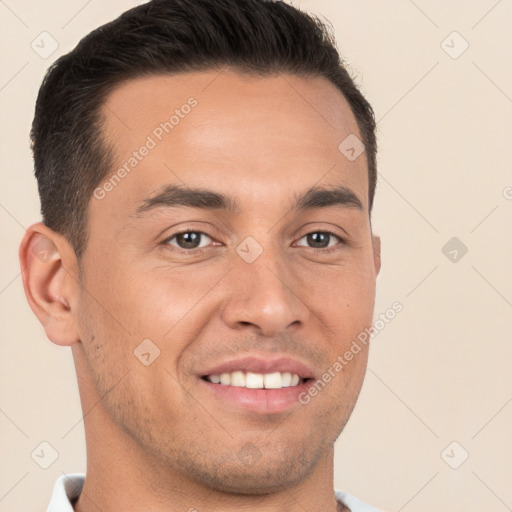 Joyful white young-adult male with short  brown hair and brown eyes