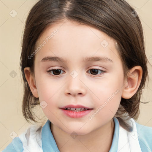 Joyful white child female with medium  brown hair and brown eyes