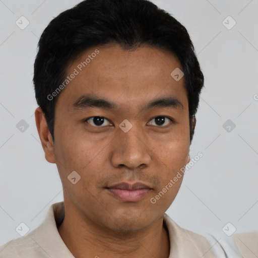 Neutral asian young-adult male with short  black hair and brown eyes