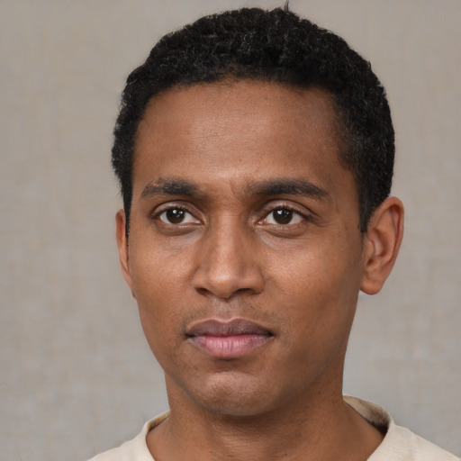 Neutral black young-adult male with short  black hair and brown eyes