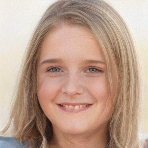 Joyful white young-adult female with long  brown hair and blue eyes