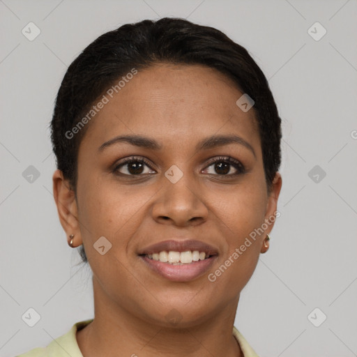 Joyful black young-adult female with short  brown hair and brown eyes