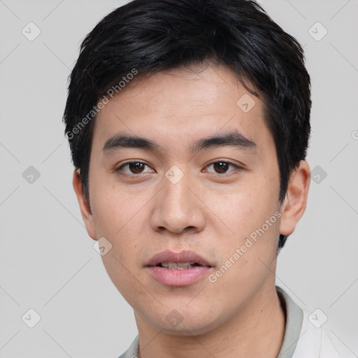 Neutral asian young-adult male with short  black hair and brown eyes