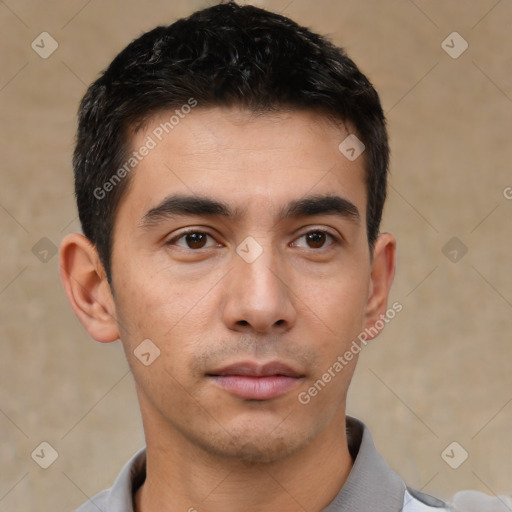 Neutral asian young-adult male with short  black hair and brown eyes