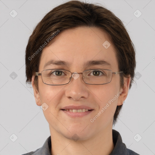 Joyful white adult female with short  brown hair and brown eyes