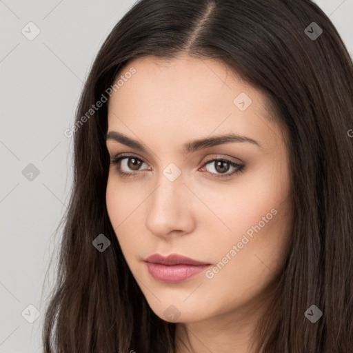 Neutral white young-adult female with long  brown hair and brown eyes