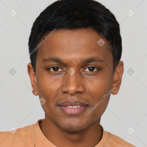 Neutral black young-adult male with short  black hair and brown eyes