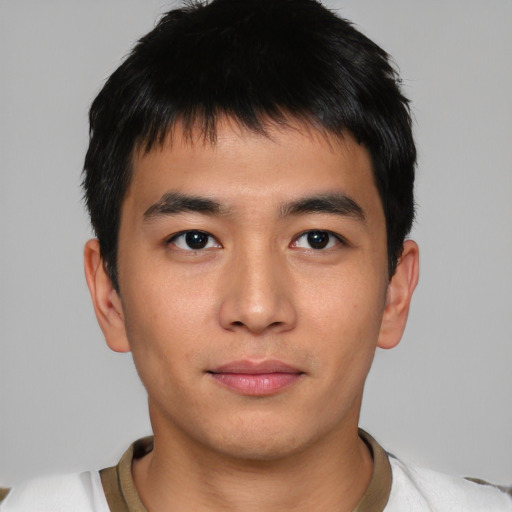 Neutral asian young-adult male with short  black hair and brown eyes