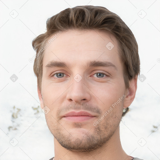 Neutral white young-adult male with short  brown hair and grey eyes