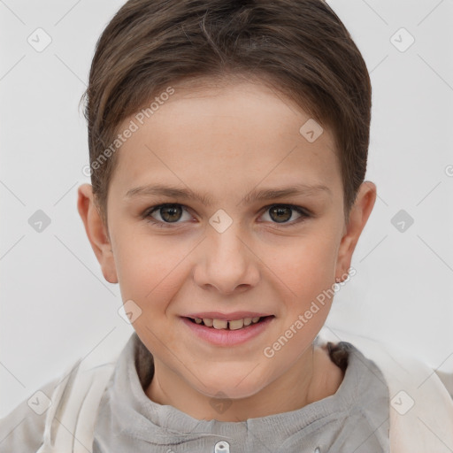 Joyful white child female with short  brown hair and brown eyes