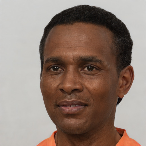 Neutral black adult male with short  black hair and brown eyes
