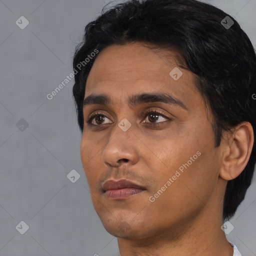 Neutral asian young-adult male with short  black hair and brown eyes