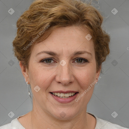 Joyful white adult female with short  brown hair and brown eyes