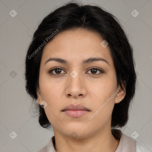 Neutral latino young-adult female with medium  brown hair and brown eyes