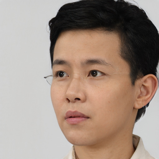 Neutral asian young-adult male with short  black hair and brown eyes