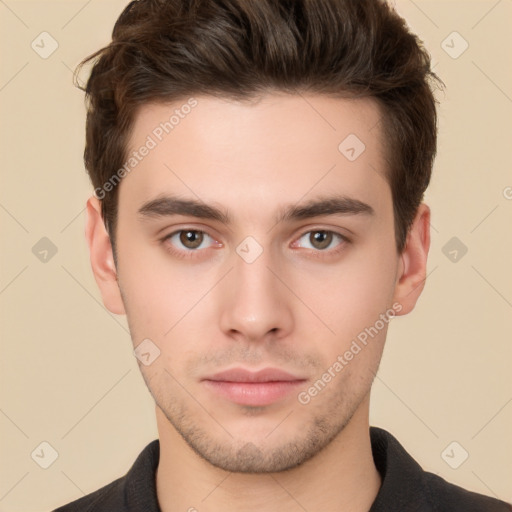 Neutral white young-adult male with short  brown hair and brown eyes