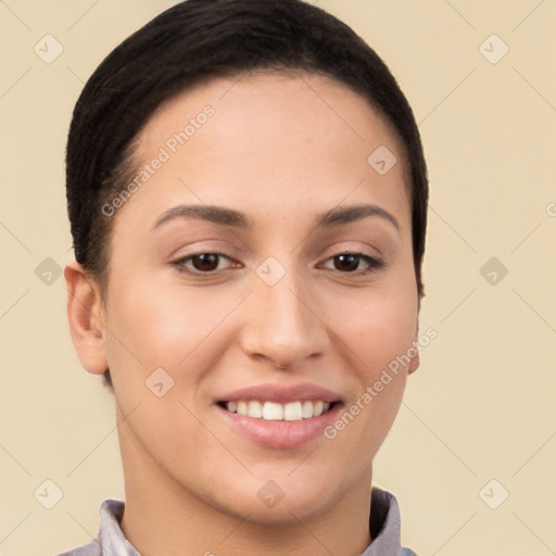 Joyful white young-adult female with short  brown hair and brown eyes