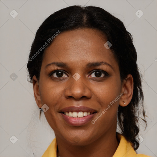 Joyful black young-adult female with medium  brown hair and brown eyes