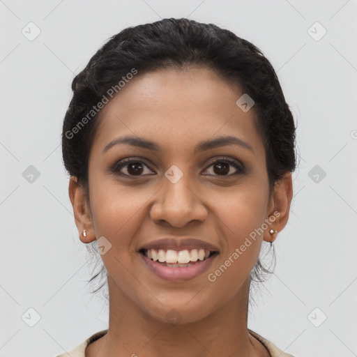 Joyful latino young-adult female with long  black hair and brown eyes