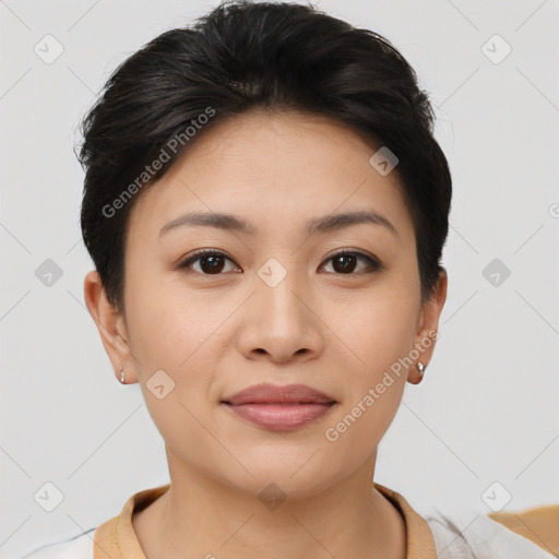 Joyful asian young-adult female with short  brown hair and brown eyes