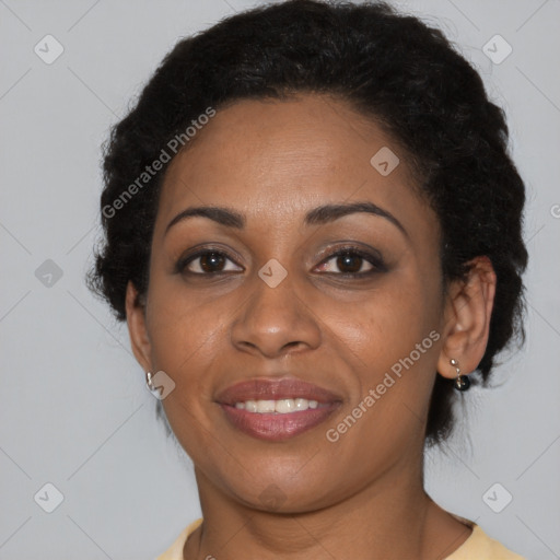 Joyful latino young-adult female with short  brown hair and brown eyes