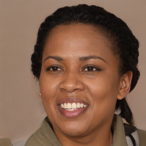 Joyful black young-adult female with medium  black hair and brown eyes
