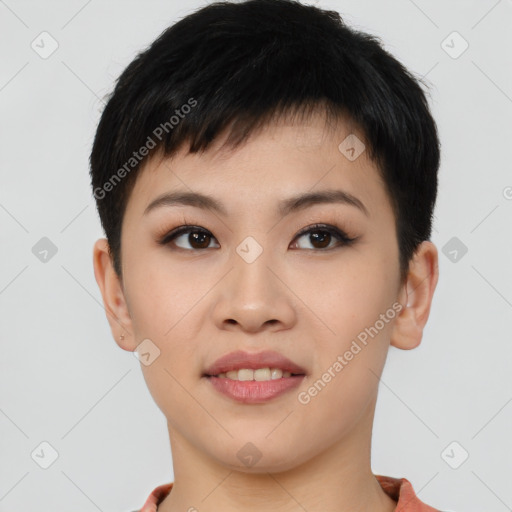 Joyful asian young-adult female with short  black hair and brown eyes