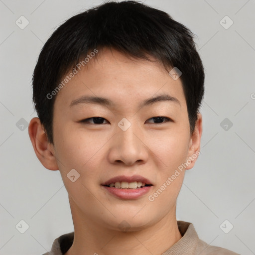 Joyful asian young-adult female with short  brown hair and brown eyes