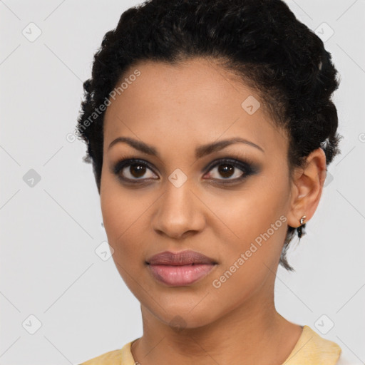 Joyful latino young-adult female with short  brown hair and brown eyes