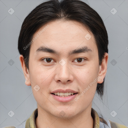 Joyful white young-adult male with medium  brown hair and brown eyes