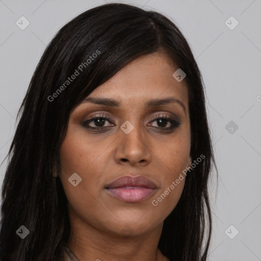 Joyful asian young-adult female with long  brown hair and brown eyes