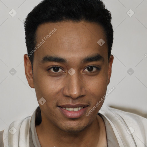 Joyful white young-adult male with short  black hair and brown eyes