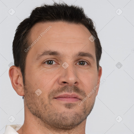 Neutral white adult male with short  brown hair and brown eyes