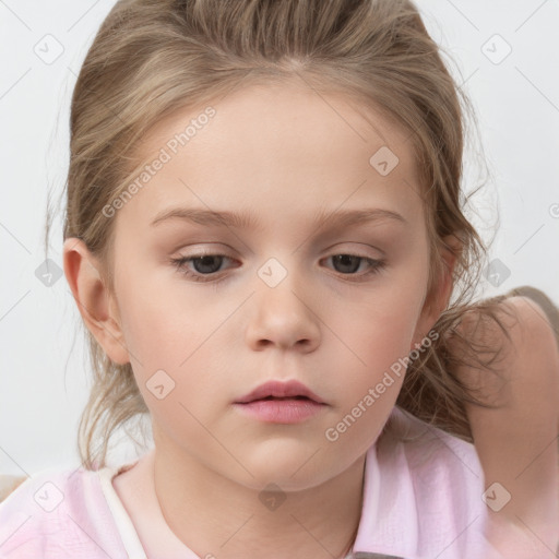 Neutral white child female with medium  brown hair and grey eyes