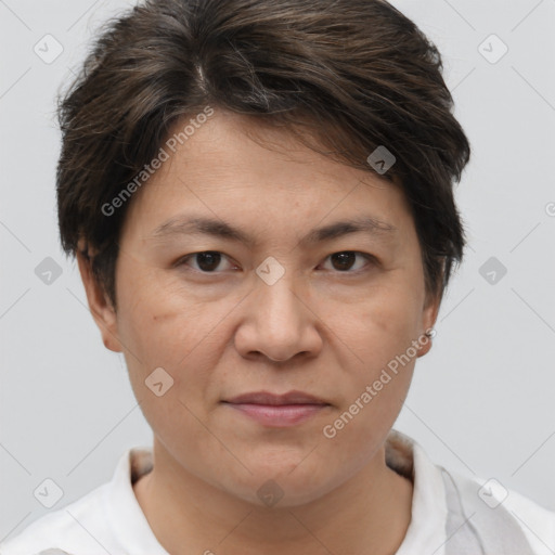 Joyful white adult female with short  brown hair and brown eyes