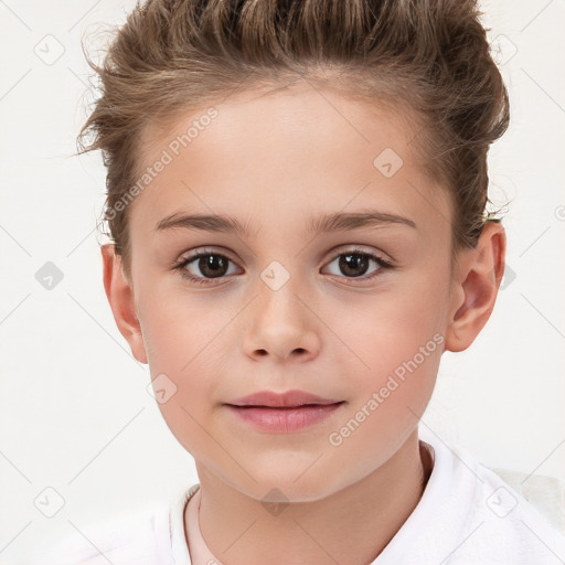 Joyful white child female with short  brown hair and brown eyes