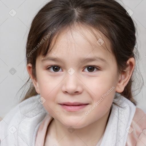 Joyful white child female with medium  brown hair and brown eyes