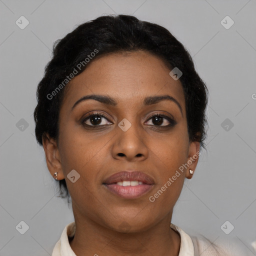 Joyful latino young-adult female with short  brown hair and brown eyes