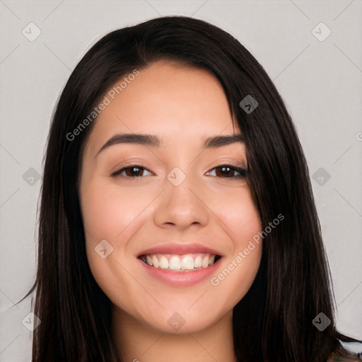 Joyful white young-adult female with long  black hair and brown eyes