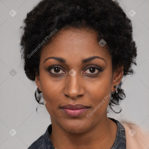 Joyful latino young-adult female with short  black hair and brown eyes