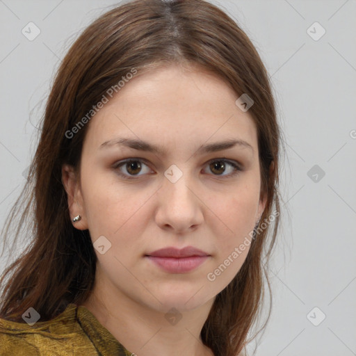 Neutral white young-adult female with long  brown hair and brown eyes