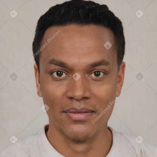 Joyful black young-adult male with short  black hair and brown eyes