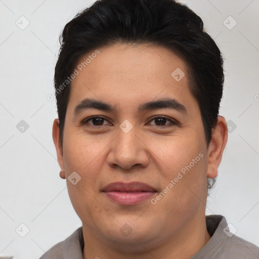 Joyful asian young-adult male with short  brown hair and brown eyes