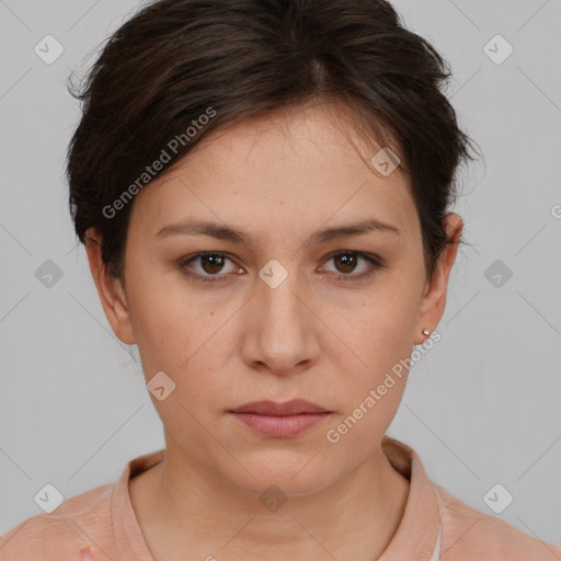 Neutral white young-adult female with short  brown hair and brown eyes