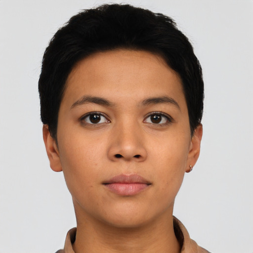 Neutral asian young-adult female with short  black hair and brown eyes