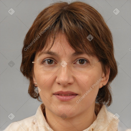 Joyful white adult female with medium  brown hair and brown eyes