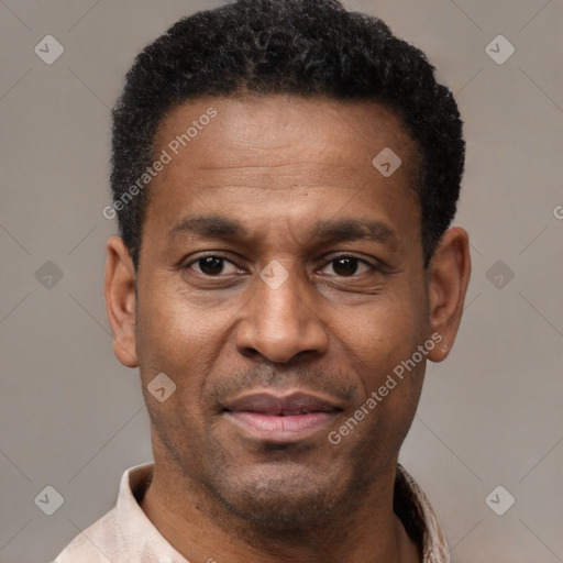 Joyful latino adult male with short  black hair and brown eyes